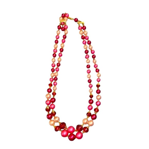 Retro 1960s Double Strand Pink Beads Necklace, Made in Hong Kong - Picture 2 of 6